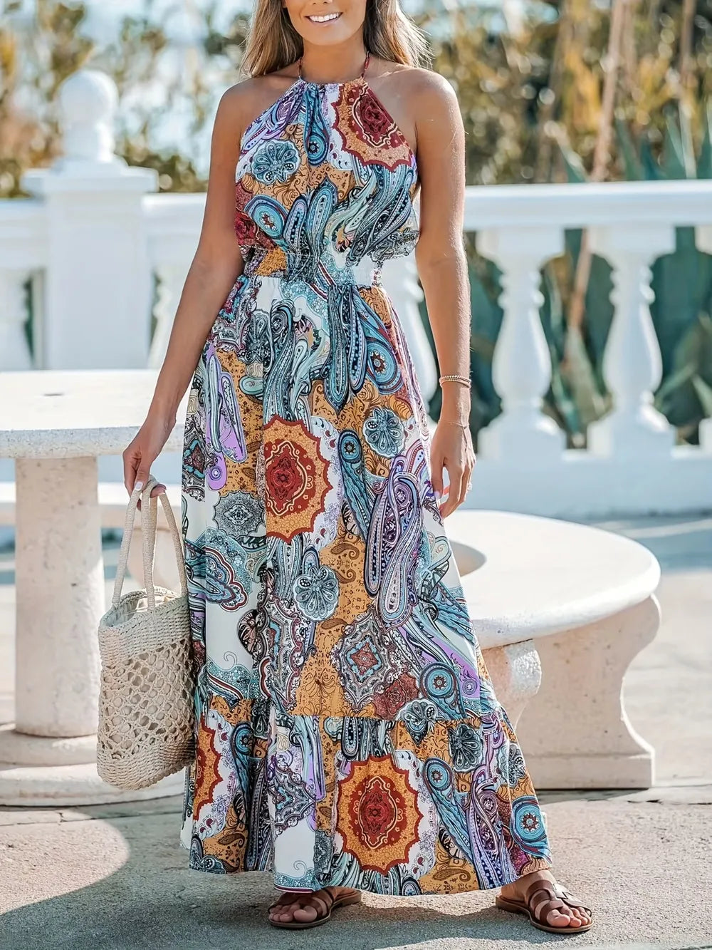 Pastel Blue Zebra Print Halter Maxi Dress - Casual A-Line Style