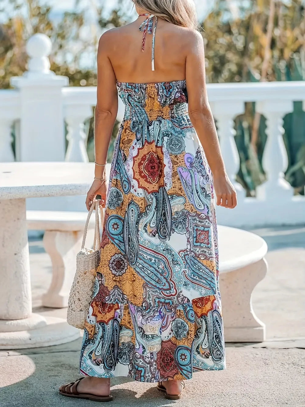 Pastel Blue Zebra Print Halter Maxi Dress - Casual A-Line Style