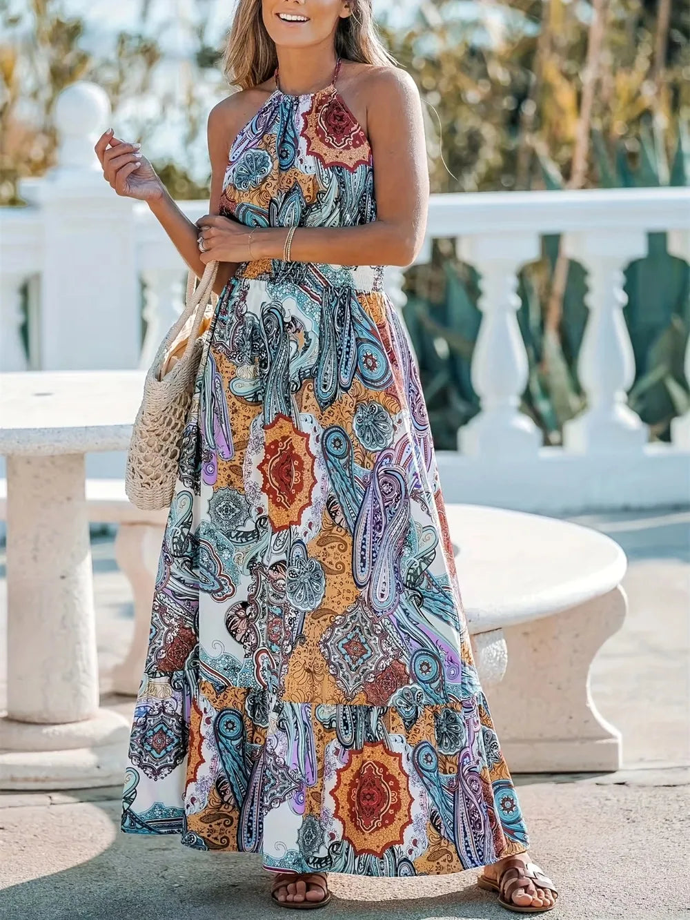 Pastel Blue Zebra Print Halter Maxi Dress - Casual A-Line Style