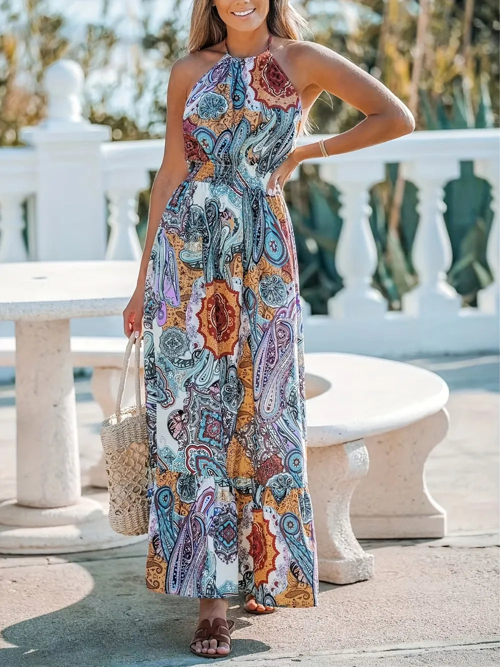 Pastel Blue Zebra Print Halter Maxi Dress - Casual A-Line Style