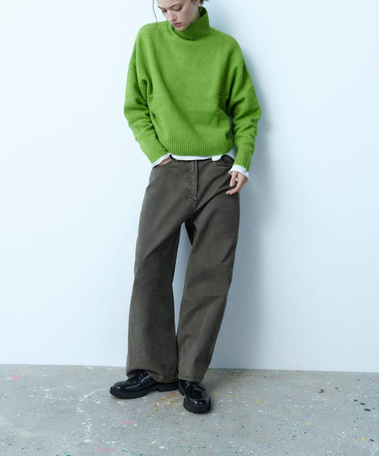 Green Knitted Turtleneck Sweater - Loose Fit Long Sleeve Crop Top