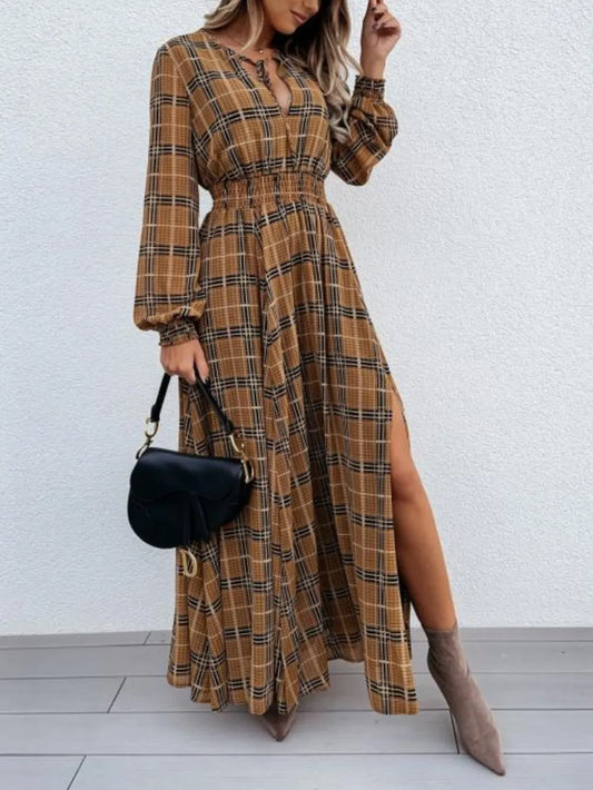 RemaxiWear Slit Plaid Maxi Dress - Elegant Tie Neck Long Sleeve Style