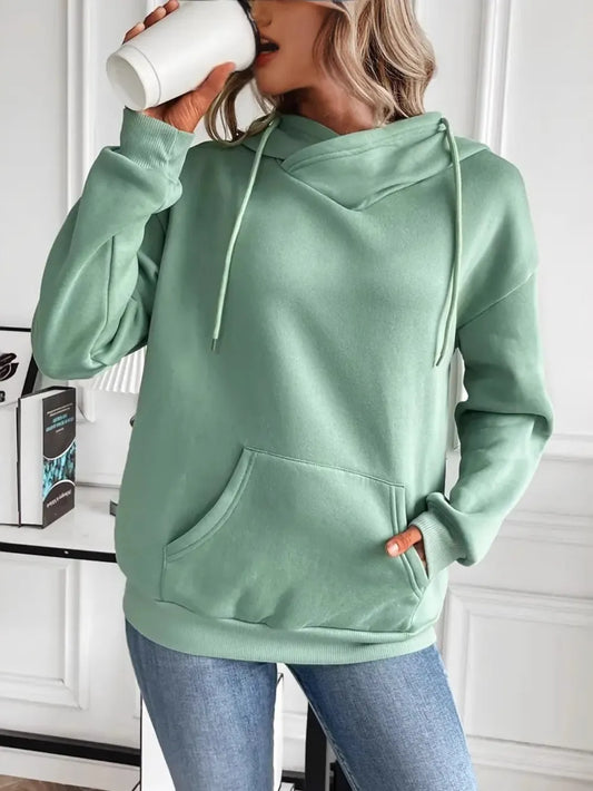 Cozy Green Drawstring Hoodie - Long Sleeve with Kangaroo Pocket