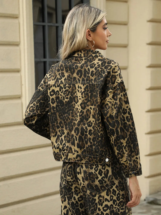 Pocketed Leopard Long Sleeve Denim Jacket - Casual, Loose Fit Style