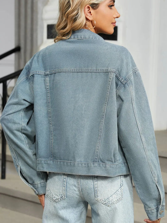 Rhinestone & Pearl Trim Denim Jacket - Long Sleeve Button Down Style