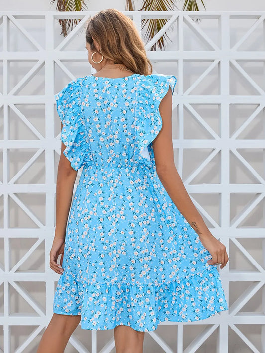 Ruffled Floral Mini Dress - Sage, Light Yellow & Black, V-Neck Style