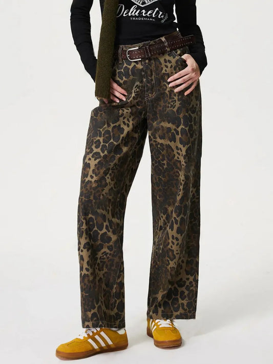 Denimation Retro Leopard Print Denim Pants - Straight Leg XS-XL Sizes