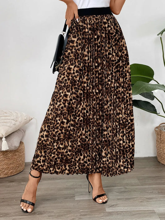 Perfee Leopard Pleated Maxi Skirt - Casual Midi with Elastic Waistband