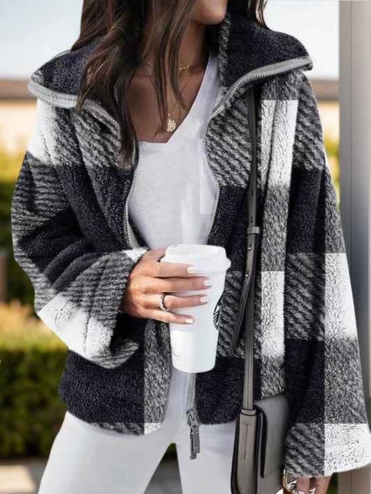 Stylish Plaid Zip Up Long Sleeve Jacket - Casual Polyester for Everyday
