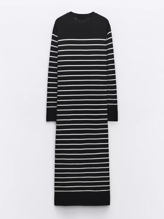 Trendy Knitted Stripe Dress - Slim Fit, Round Neck Polyester Design