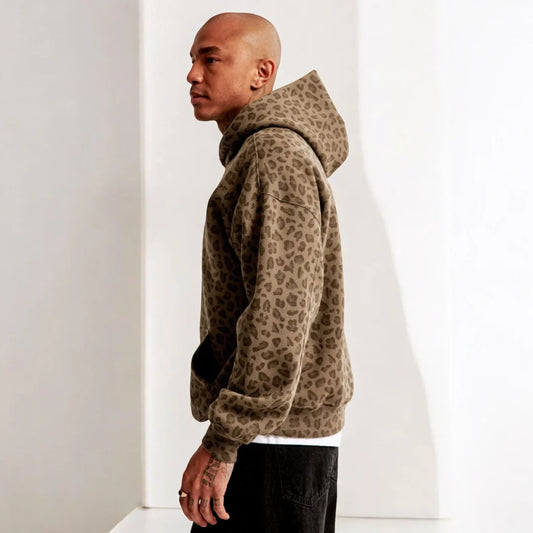 Retro Leopard Print Hooded Sweatshirt - Casual Loose Fit for Men