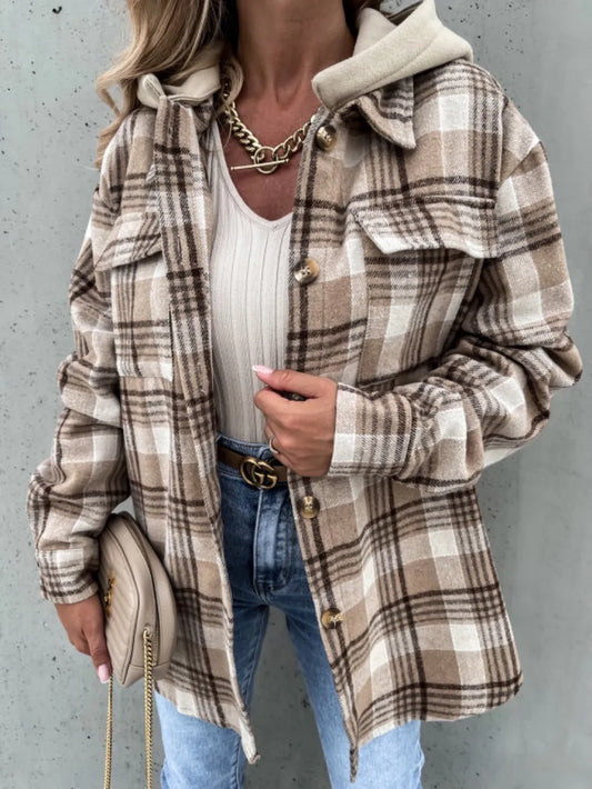 Plaid Button Up Jacket with Removable Hood - Pocketed & Stylish