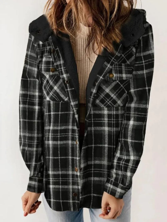 Plaid Snap Down Plush Hooded Jacket - Casual & Cozy for All Sizes