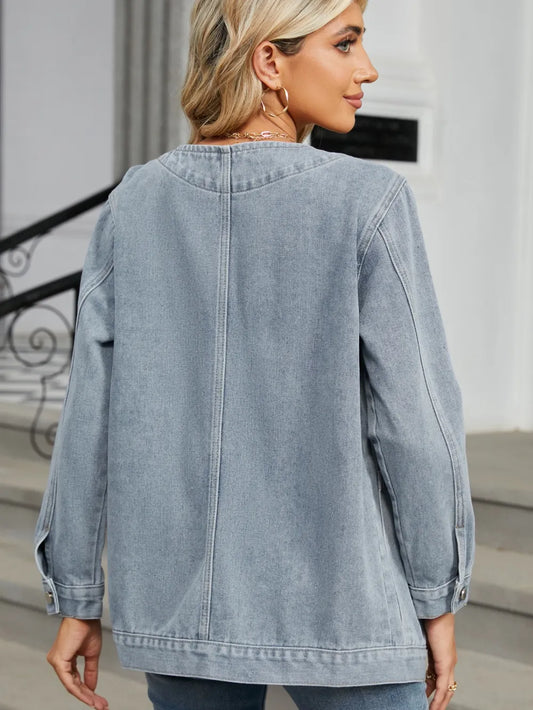 Pocketed V-Neck Button Up Denim Jacket - Stylish and Versatile Fit