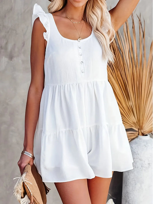 Summer Solid Color Backless Jumpsuit for Women - Ruffled Short Sleeves