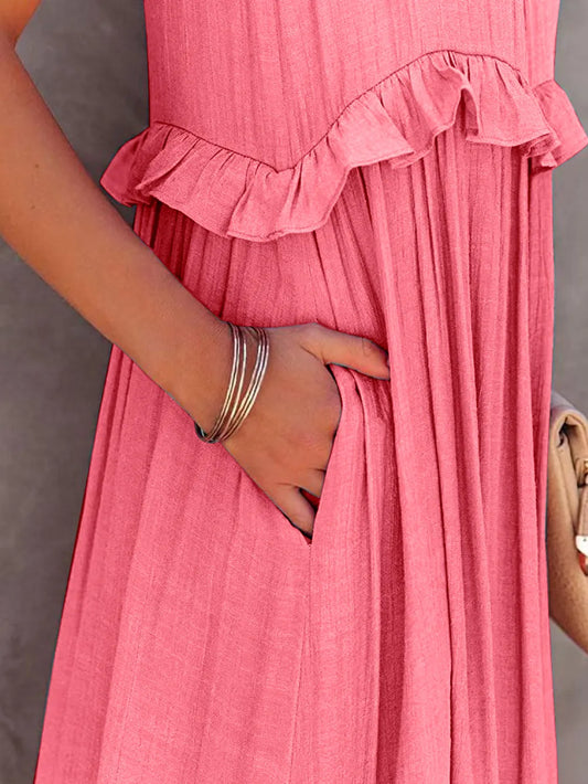 RemaxiWear Ruffled Tiered Maxi Dress with Pockets - Sleeveless High-Low Style