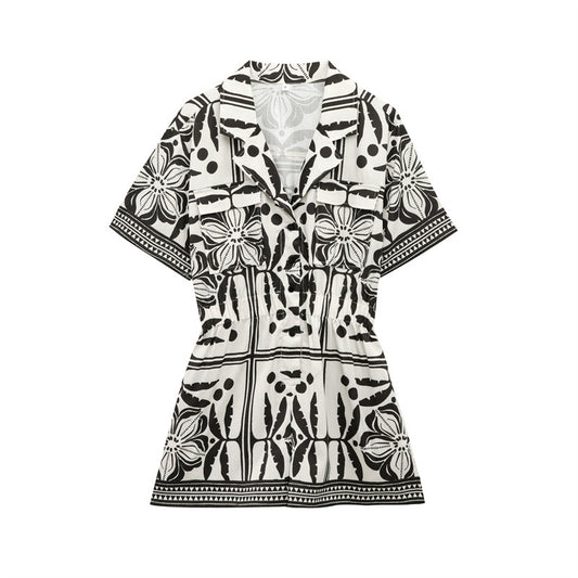 Women's Woven Cuban Collar Jumpsuit Shorts - Cute Floral Design