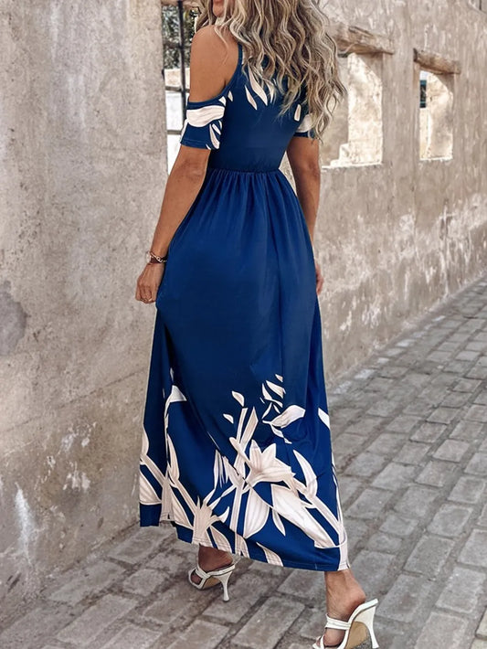 RemaxiWear Printed Cold Shoulder Maxi Dress - Short Sleeve & Pockets