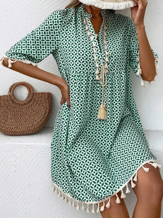 RemaxiWear Tassel Printed Mini Dress - V-Neck, Short Sleeve, Casual Style