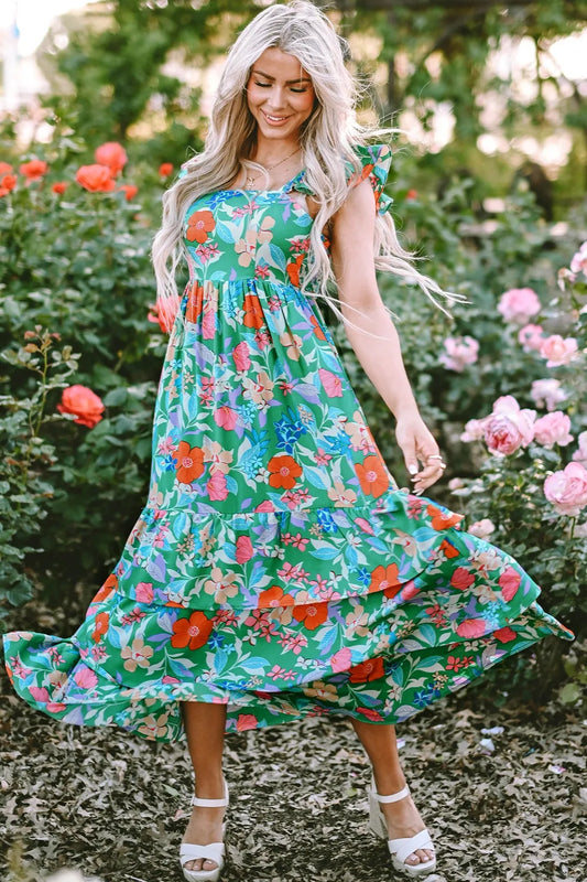 Dark Green Floral Tiered Ruffled Dress - A-line Casual Sleeveless Style
