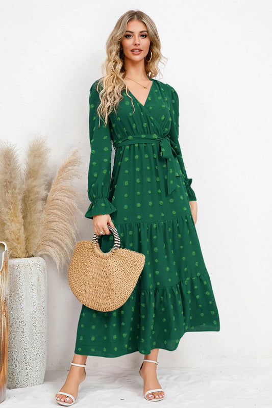 Remaxiwear Swiss Dot Tied Surplice Dress - Flounce Sleeve Style