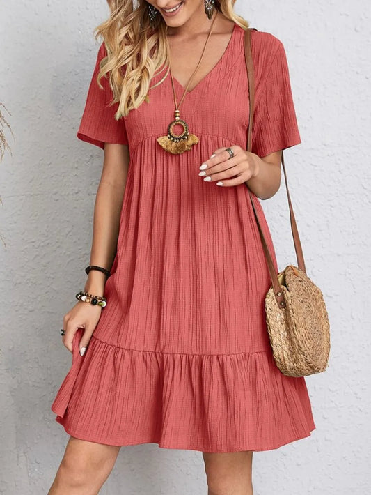 RemaxiWear V-Neck Midi Dress - Short Sleeve Ruffle Detail for Casual Style
