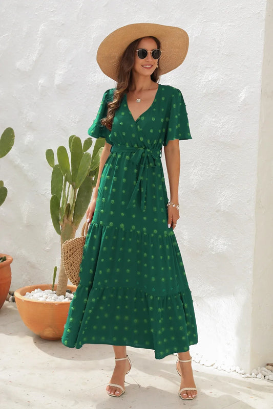 RemaxiWear Swiss Dot Tied Surplice Dress - Opaque & Stylish Short Sleeve