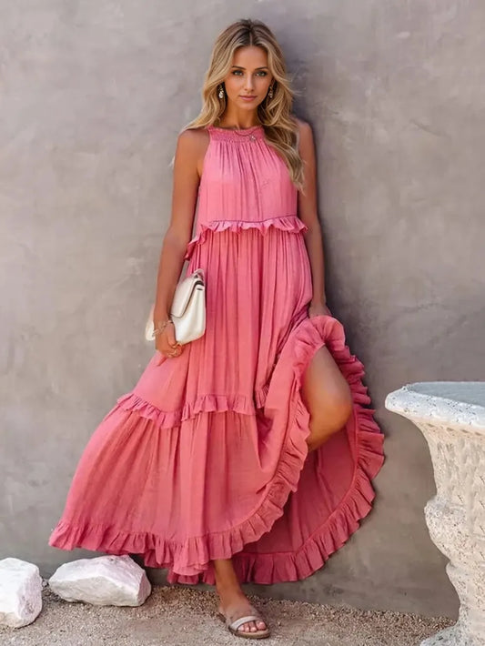 RemaxiWear Ruffled Tiered Maxi Dress with Pockets - Sleeveless High-Low Style