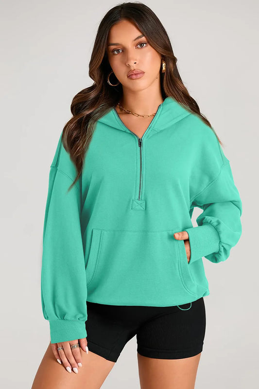 Pocketed Half Zip Long Sleeve Hoodie - Opaque Polyester Comfort