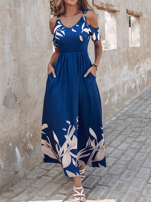 RemaxiWear Printed Cold Shoulder Maxi Dress - Short Sleeve & Pockets