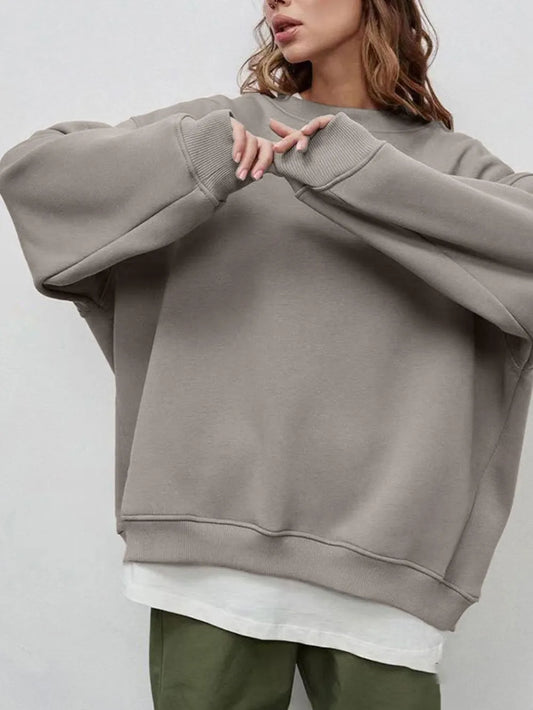 Women's Solid Color Round Neck Pullover Sweatshirt - Long Sleeve Fleece