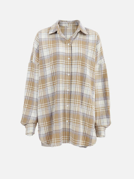 Women's Oversized Plaid Shirt Jacket - Long Sleeved Lapel Design