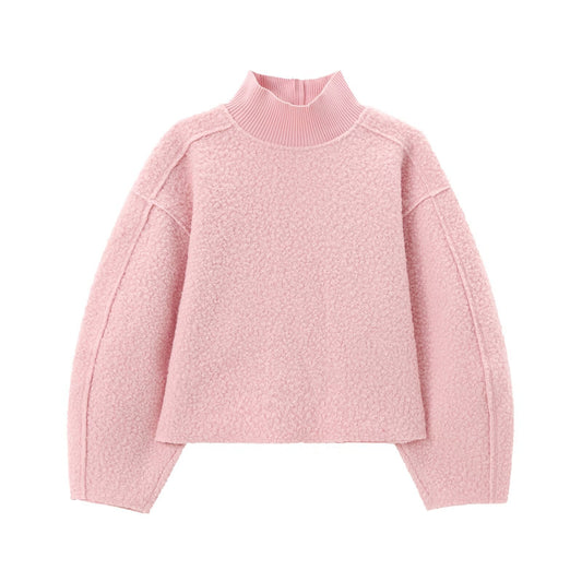 Women's Casual Lantern Sleeve Sweater - Stand-Up Collar Knitted Jacket