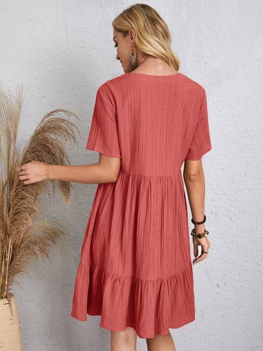 RemaxiWear V-Neck Midi Dress - Short Sleeve Ruffle Detail for Casual Style