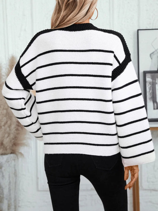 Women's Black and White Striped Pullover Sweater - Long Sleeve Knit Style