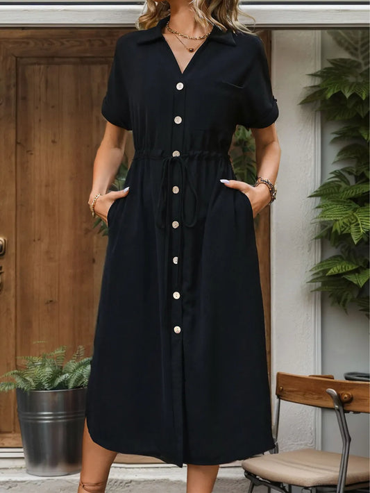 Remaxiwear Midi Dress with Drawstring - Short Sleeve, Pocketed Design