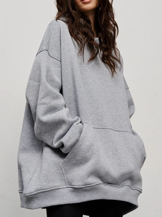 Pocketed Dropped Shoulder Hoodie - Long Sleeve, Cozy Cotton Blend