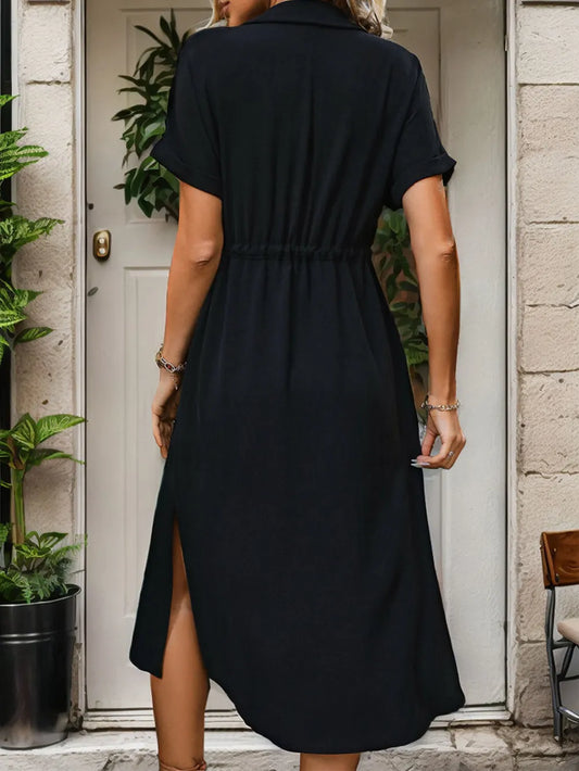 Remaxiwear Midi Dress with Drawstring - Short Sleeve, Pocketed Design