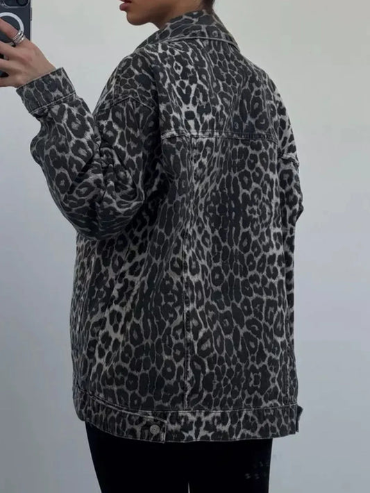 Denimation Leopard Button-Up Denim Top - Long Sleeve & Pocketed Style