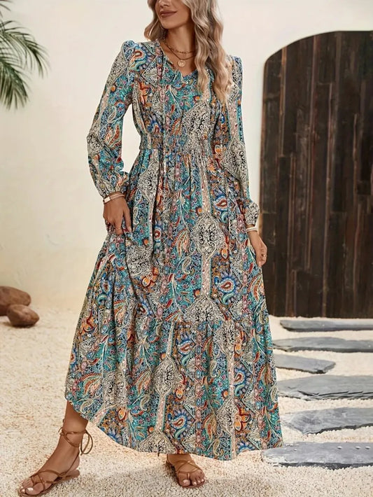 Remaxiwear Printed Tie Neck Maxi Dress - Long Sleeve, Opaque Style