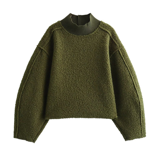 Women's Casual Lantern Sleeve Sweater - Stand-Up Collar Knitted Jacket