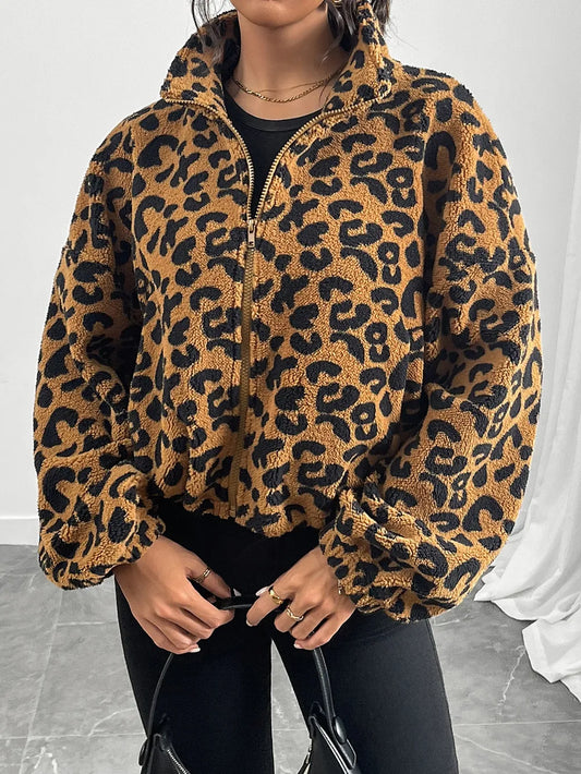 Leopard Zip Up Long Sleeve Jacket - Stylish Basic Layer for Every Season