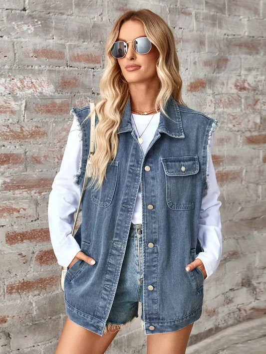 Raw Hem Sleeveless Denim Jacket - Casual Button Up, Black & Dusty Blue