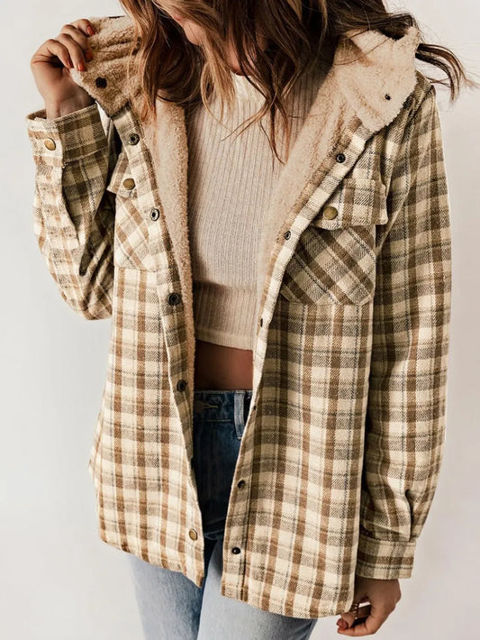 Plaid Snap Down Plush Hooded Jacket - Casual & Cozy for All Sizes