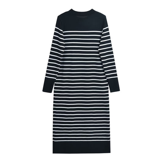 Trendy Knitted Stripe Dress - Slim Fit, Round Neck Polyester Design