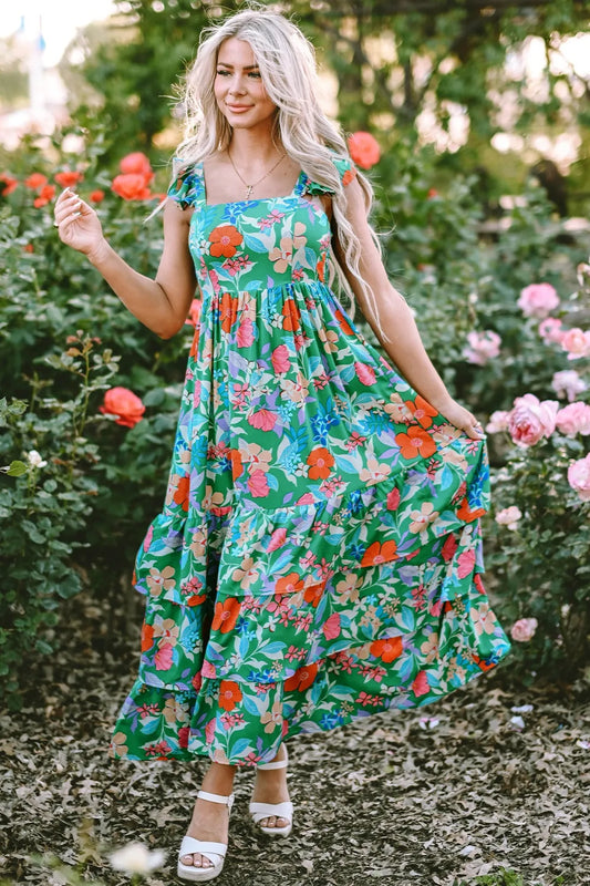 Dark Green Floral Tiered Ruffled Dress - A-line Casual Sleeveless Style