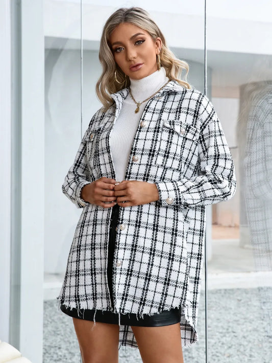 Stylish Plaid Button-Up Jacket - Pocketed & Dropped Shoulder Design