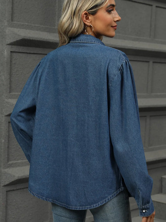 Casual Navy Button Down Denim Top - Long Sleeve & Loose Fit