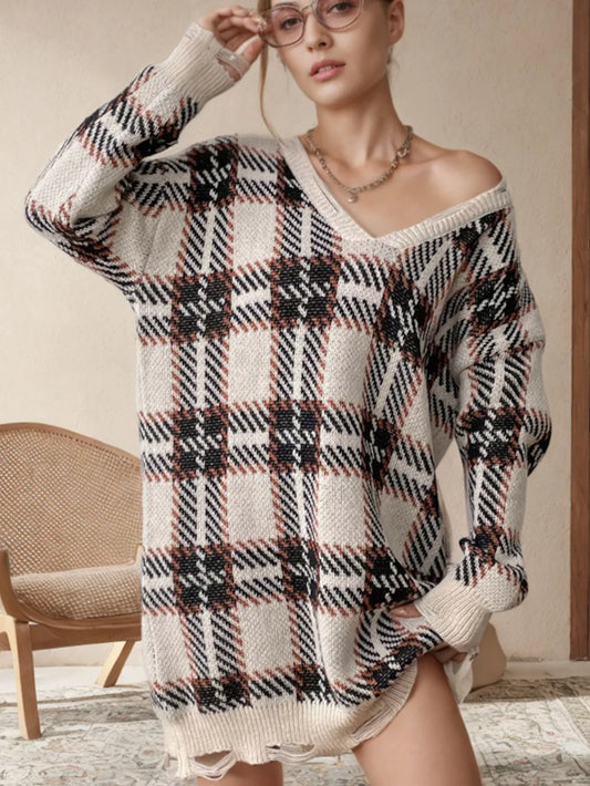 Distressed Plaid V-Neck Sweater Dress - Long Sleeve & Stretchy Fit