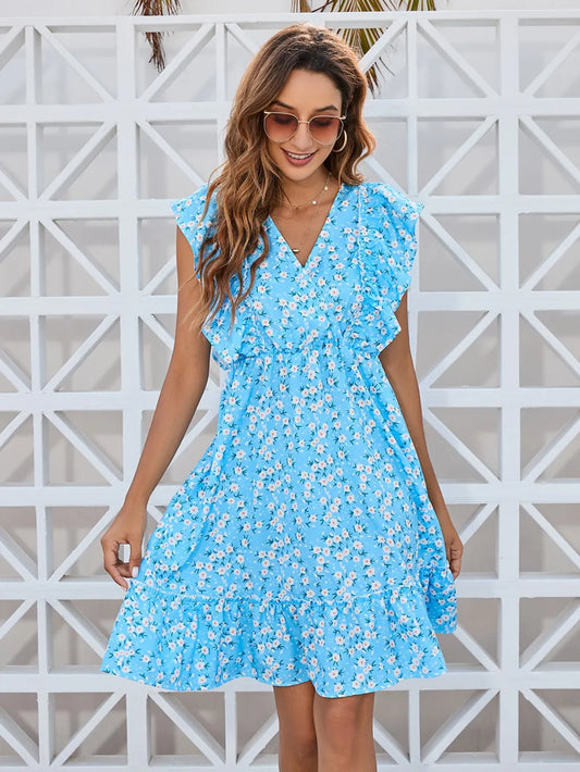Ruffled Floral Mini Dress - Sage, Light Yellow & Black, V-Neck Style